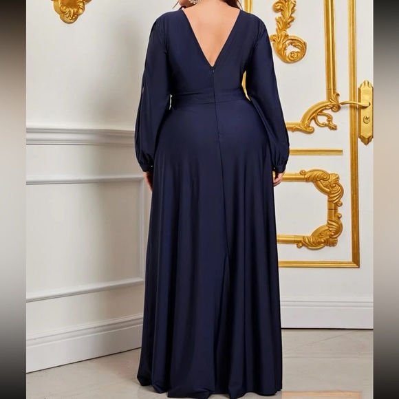 Luxe plus size bishop sleeve slit thigh party formal evening prom wedding dress - Picture 3 of 6